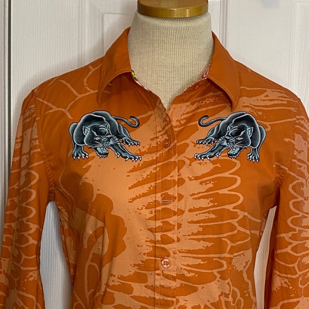 Ed Hardy Orange Tattoo Graphic Button Down Y2K Western Shirt L - Picture 12 of 16